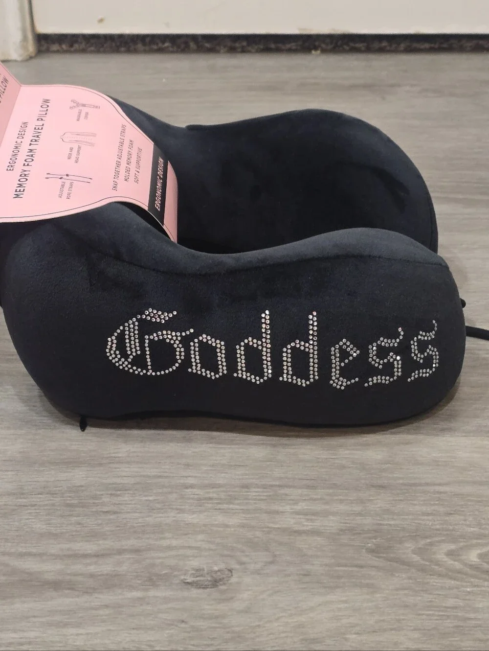 Juicy Couture Home Rhinestone Goddess Memory Foam Travel Pillow- Black